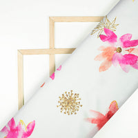 White And Fuchsia Pink Floral Pattern Hand Paint Effect Digital Print Chiffon Satin Fabric