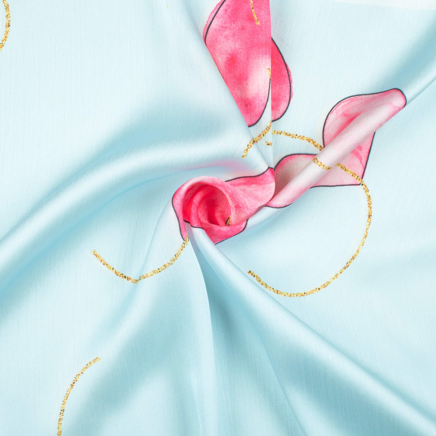 Light Blue And Pink Heart Pattern Hand Paint Effect Digital Print Chiffon Satin Fabric