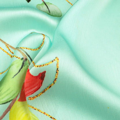 Mint Green And Yellow Leaf Pattern Hand Paint Effect Digital Print Chiffon Satin Fabric