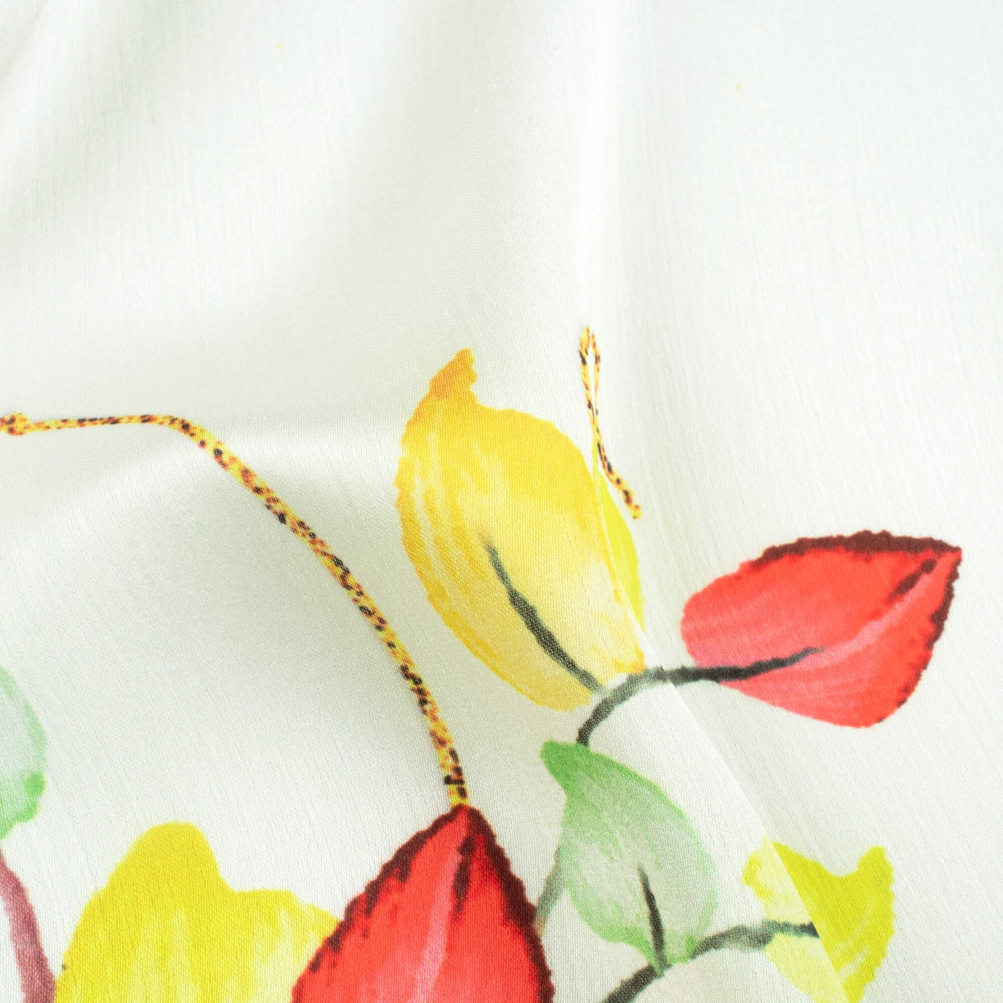 White And Yellow Leaf Pattern Hand Paint Effect Digital Print Chiffon Satin Fabric