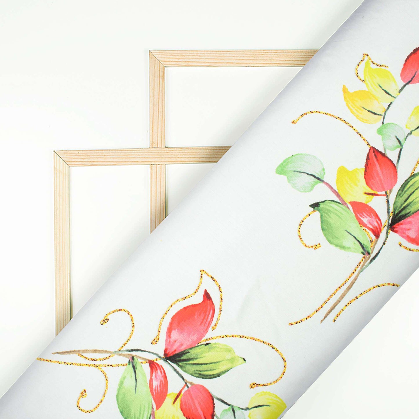 White And Yellow Leaf Pattern Hand Paint Effect Digital Print Chiffon Satin Fabric