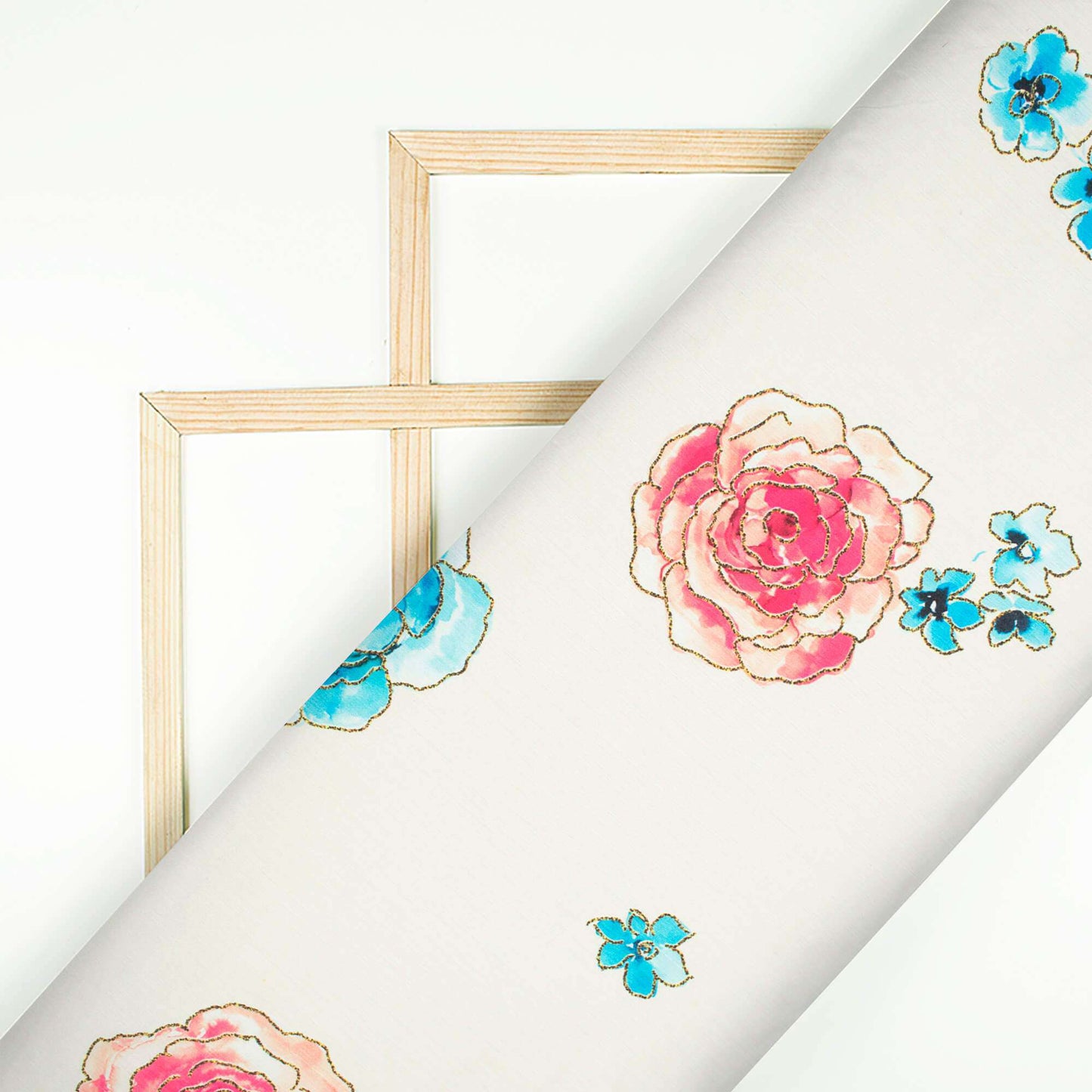 Ivory Cream And Sky Blue Floral Pattern Hand Paint Effect Digital Print Chiffon Satin Fabric
