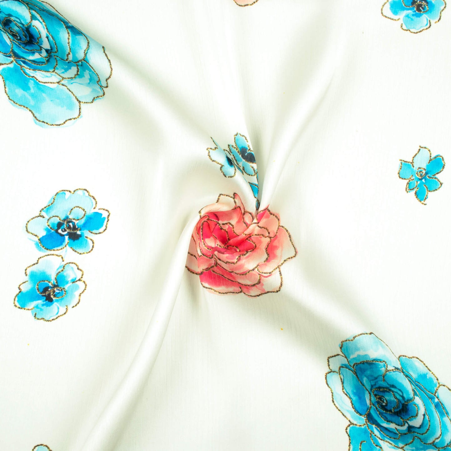 White And Sky Blue Floral Pattern Hand Paint Effect Digital Print Chiffon Satin Fabric