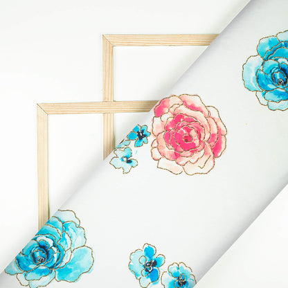 White And Sky Blue Floral Pattern Hand Paint Effect Digital Print Chiffon Satin Fabric