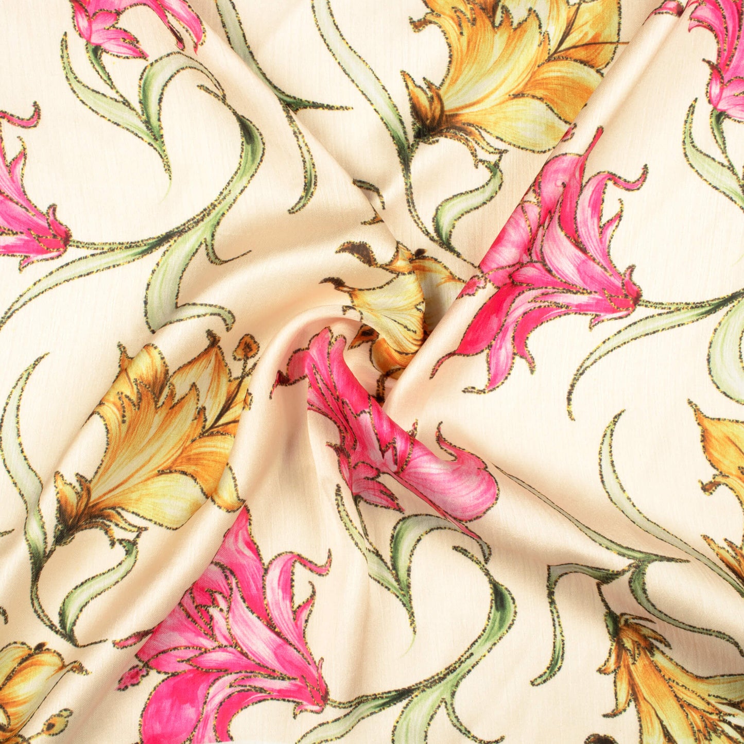Ivory Cream And Creamy Pink Floral Pattern Hand Paint Effect Digital Print Chiffon Satin Fabric