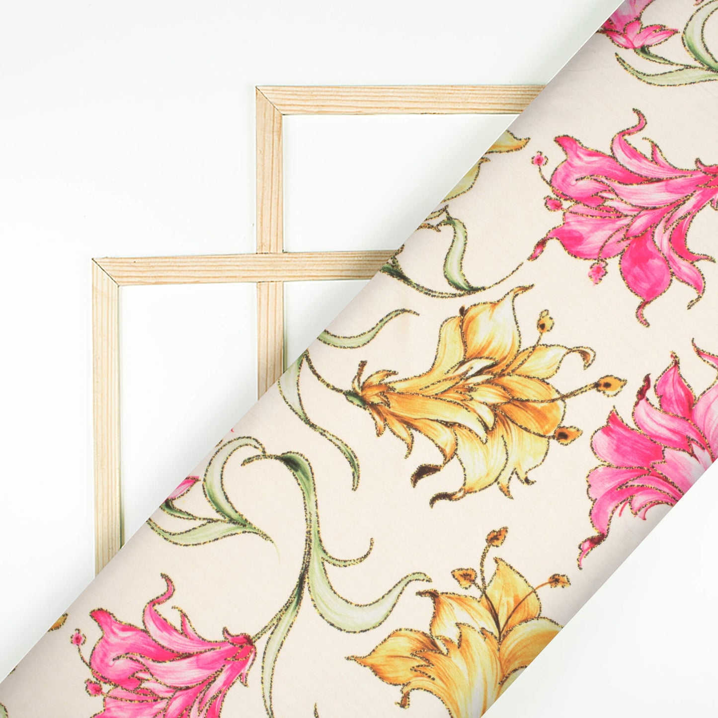 Ivory Cream And Creamy Pink Floral Pattern Hand Paint Effect Digital Print Chiffon Satin Fabric