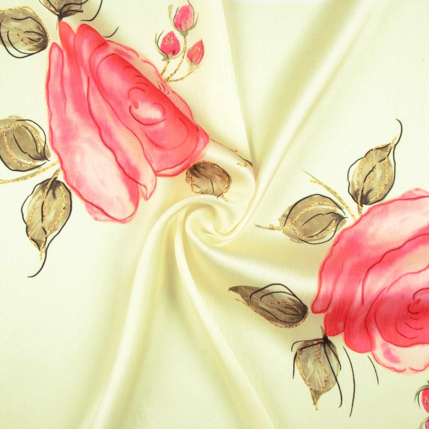 Pale Yellow And Punch Pink Floral Pattern Hand Paint Effect Digital Print Chiffon Satin Fabric