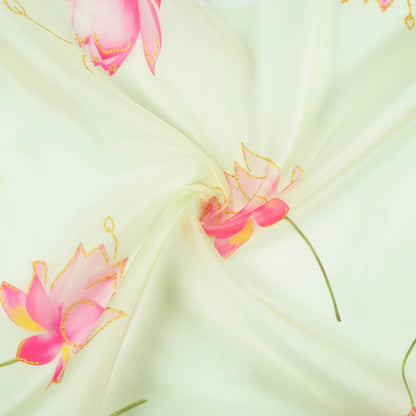 Tea Green And Rose Pink Floral Pattern Hand Paint Effect Digital Print  Organza Satin Fabric