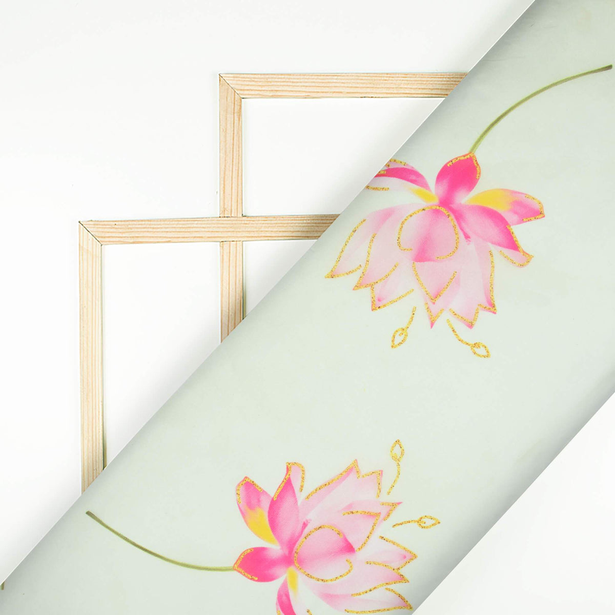 Tea Green And Rose Pink Floral Pattern Hand Paint Effect Digital Print Premium Organza Satin Fabric