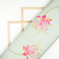 Tea Green And Rose Pink Floral Pattern Hand Paint Effect Digital Print  Organza Satin Fabric