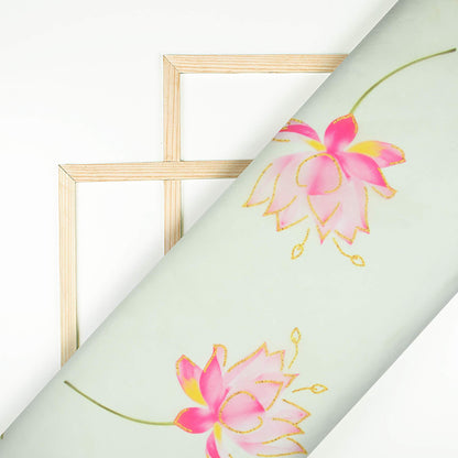Tea Green And Rose Pink Floral Pattern Hand Paint Effect Digital Print  Organza Satin Fabric
