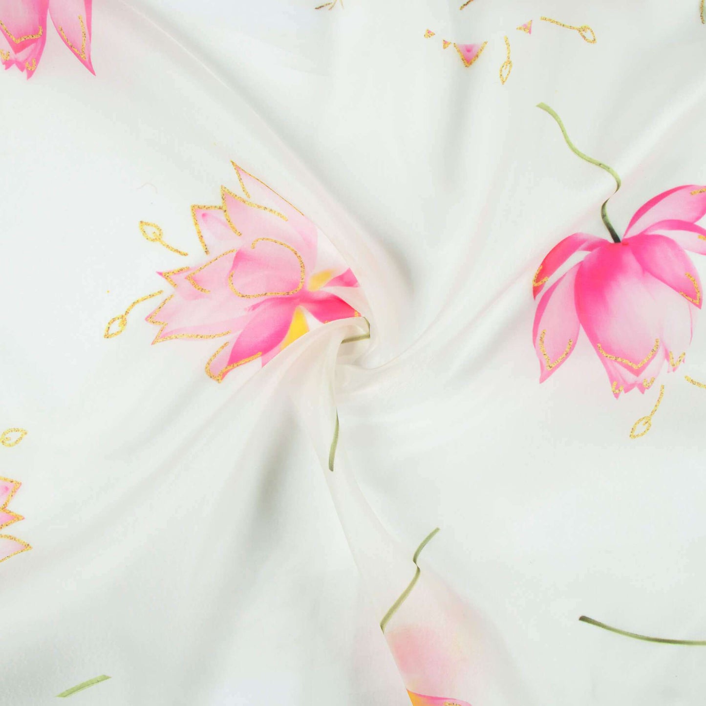 White And Rose Pink Floral Pattern Hand Paint Effect Digital Print Organza Satin Fabric