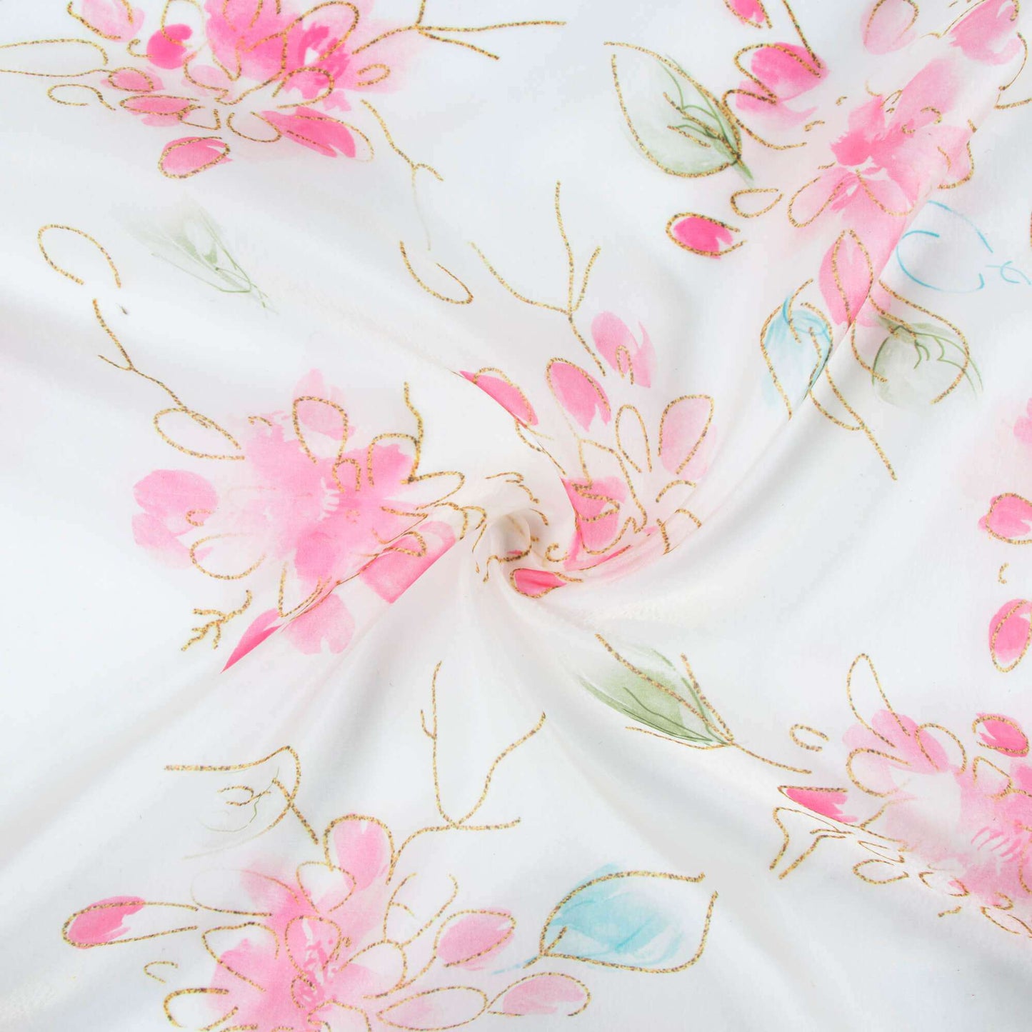 White And Rose Pink Leaf Pattern Hand Paint Effect Digital Print Organza Satin Fabric
