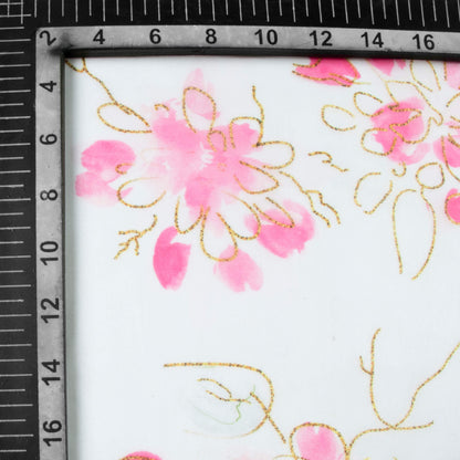 White And Rose Pink Leaf Pattern Hand Paint Effect Digital Print Organza Satin Fabric