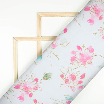 White And Rose Pink Leaf Pattern Hand Paint Effect Digital Print Organza Satin Fabric