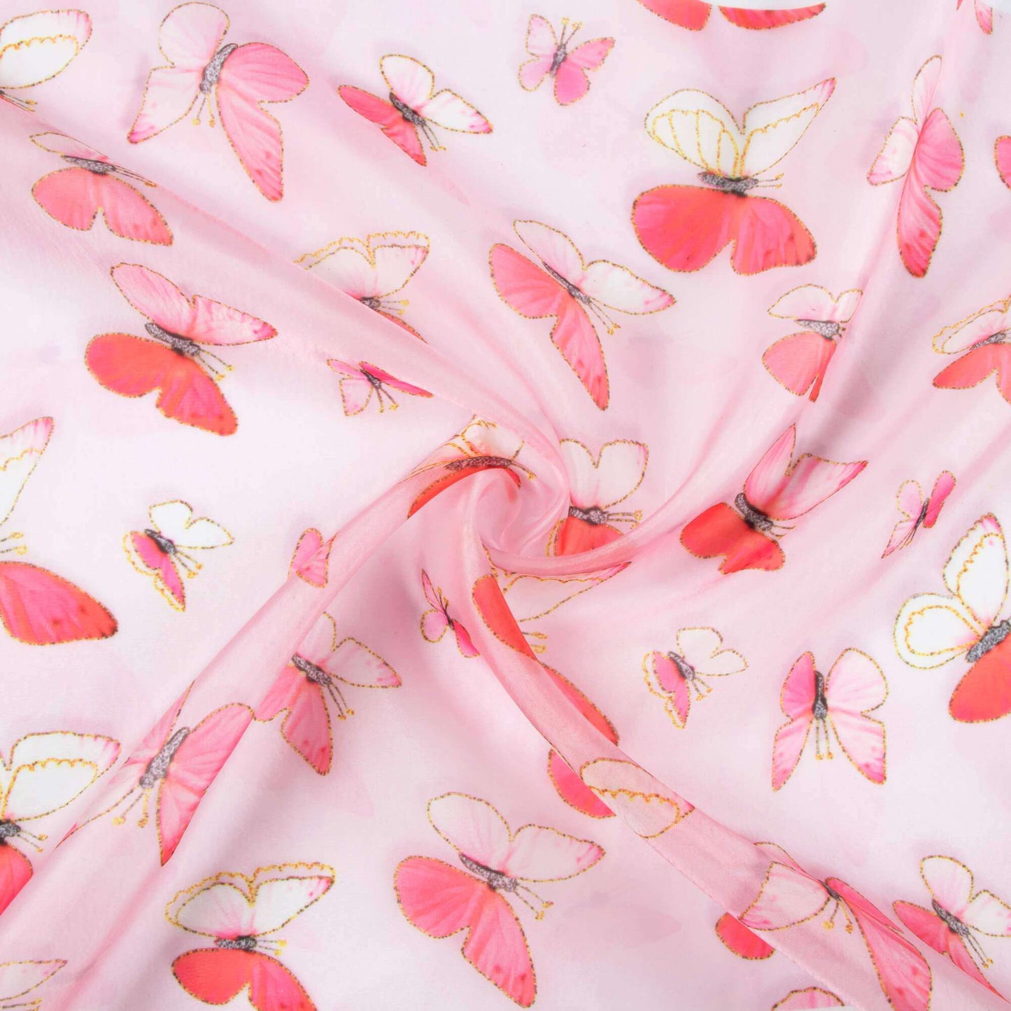 Pale Pink And Punch Pink Butterfly Pattern Hand Paint Effect Digital Print Organza Satin Fabric