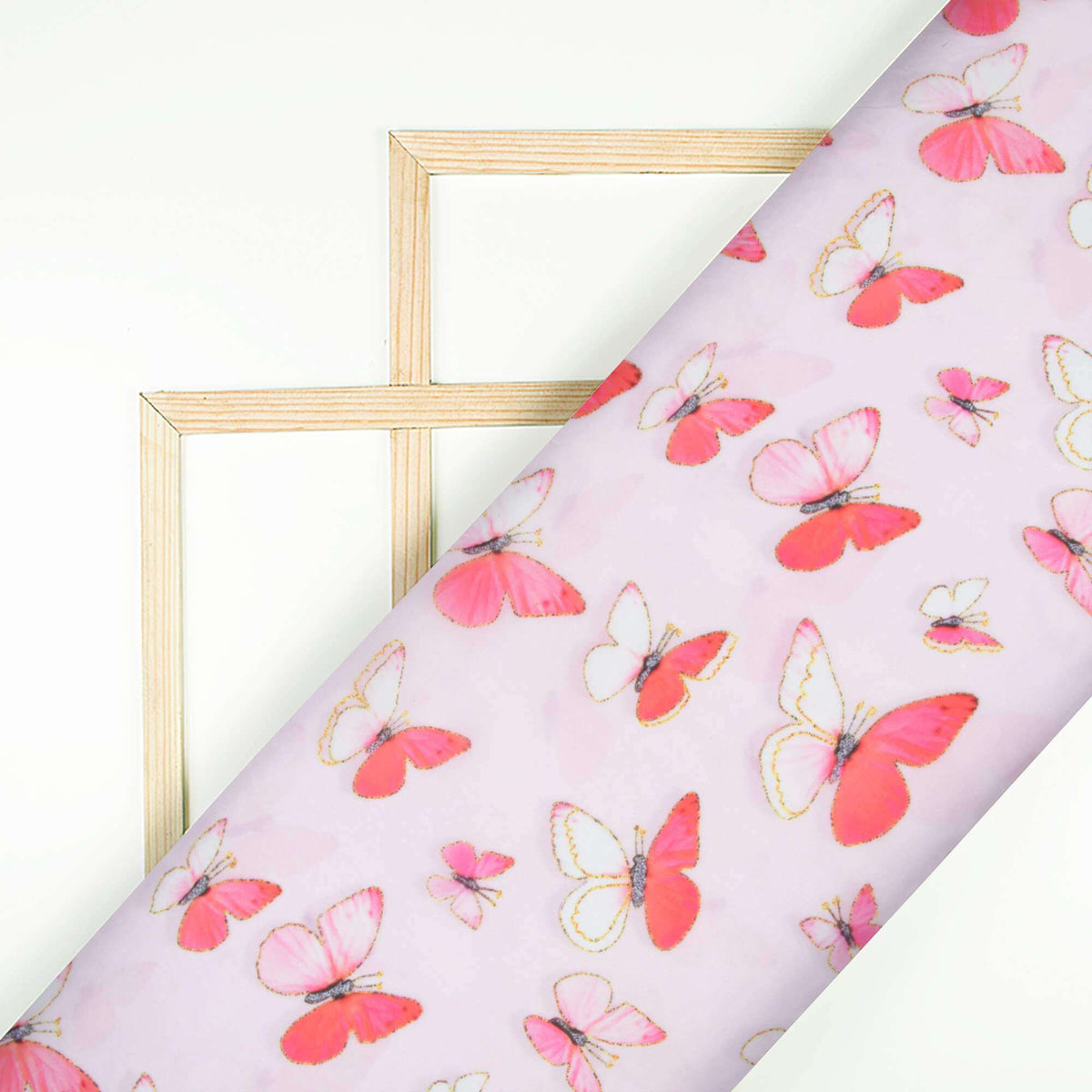 Pale Pink And Punch Pink Butterfly Pattern Hand Paint Effect Digital Print Organza Satin Fabric