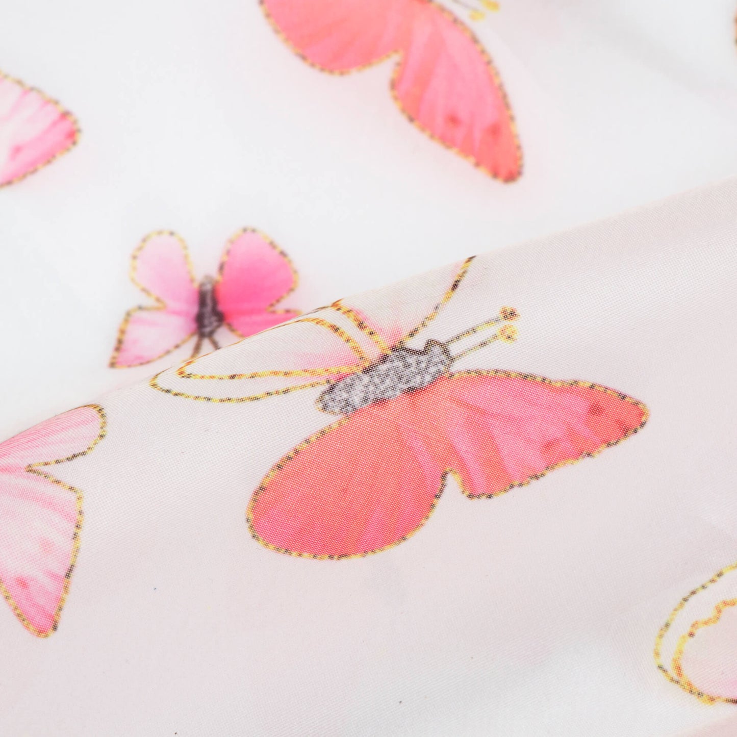 White And Punch Pink Butterfly Pattern Hand Paint Effect Digital Print Organza Satin Fabric