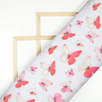 White And Punch Pink Butterfly Pattern Hand Paint Effect Digital Print Organza Satin Fabric