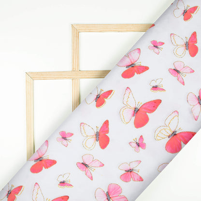 White And Punch Pink Butterfly Pattern Hand Paint Effect Digital Print Organza Satin Fabric