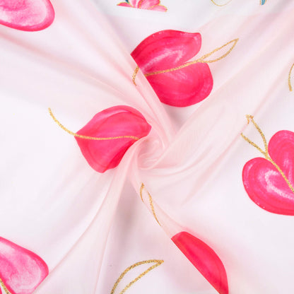 Pale Pink And Punch Pink Heart Pattern Hand Paint Effect Digital Print Organza Satin Fabric