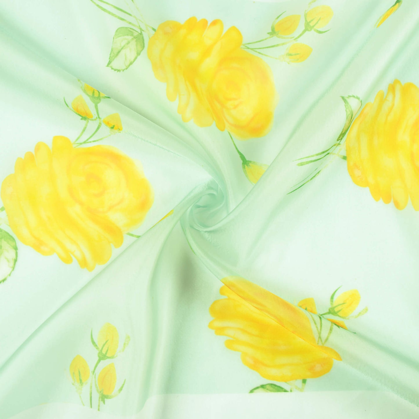 Light Turquoise And light Yellow Floral Pattern Hand Paint Effect Digital Print Organza Satin Fabric