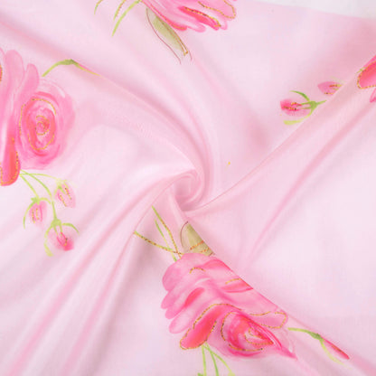 Pale Pink And Rose Pink Floral Pattern Hand Paint Effect Digital Print Organza Satin Fabric