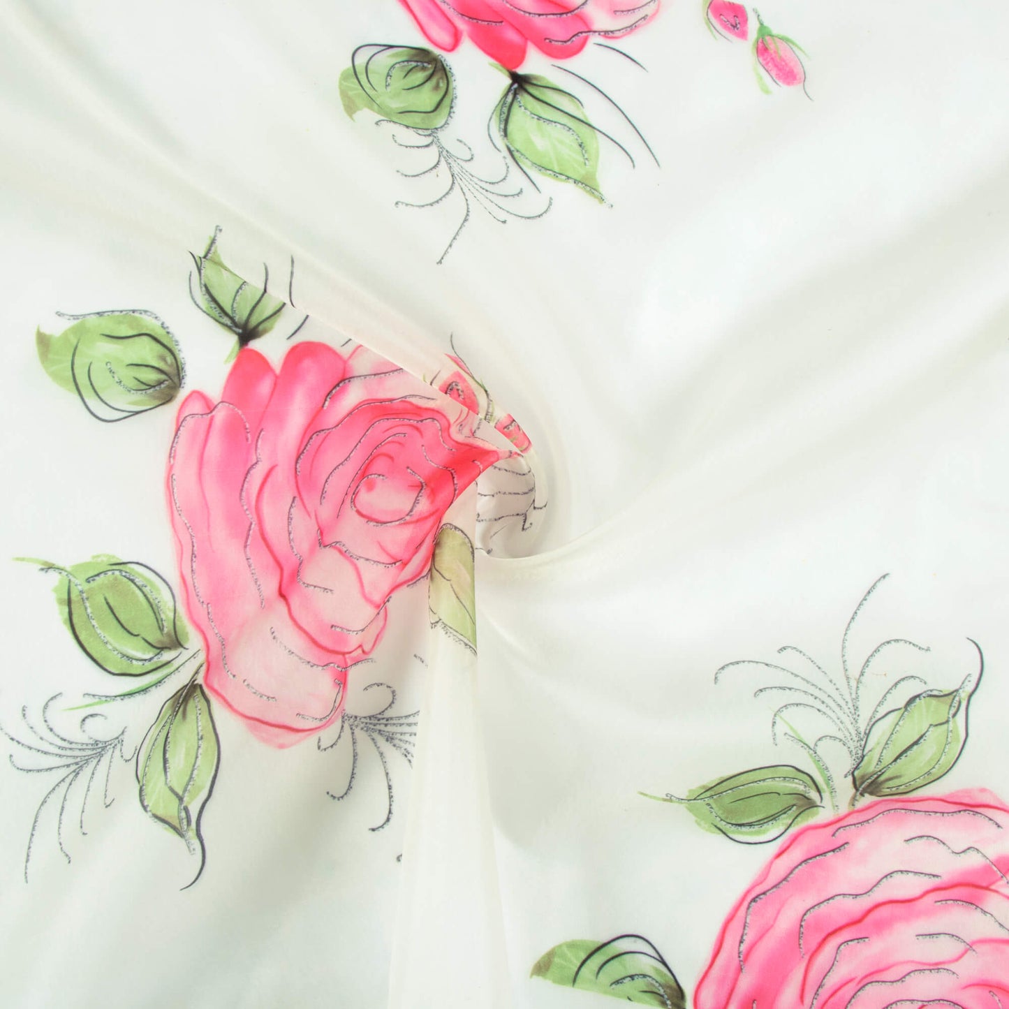 White And Punch Pink Floral Pattern Hand Paint Effect Digital Print Organza Satin Fabric