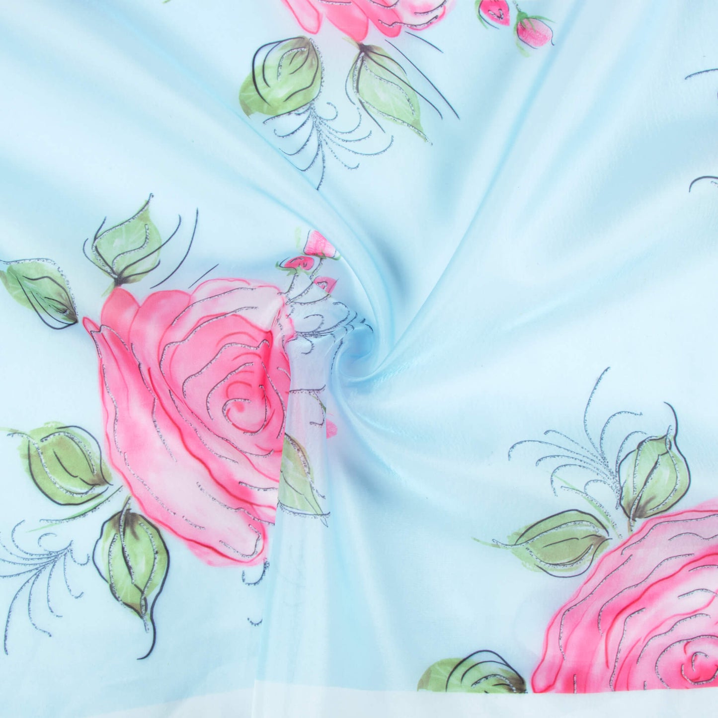 Light Blue And Punch Pink Floral Pattern Hand Paint Effect Digital Print Organza Satin Fabric