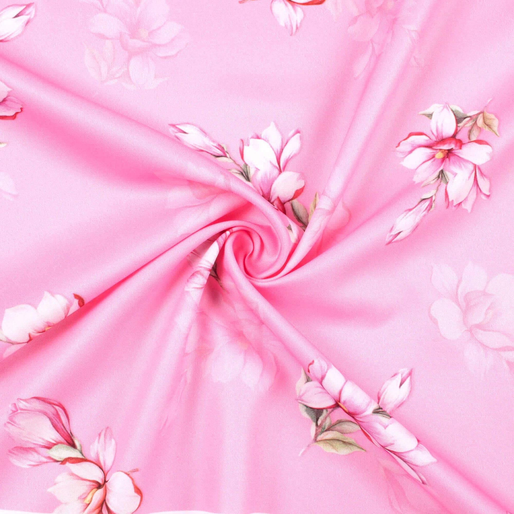Salmon Pink And White Floral Pattern Digital Print Ultra Premium Butter Crepe Fabric - Fabcurate