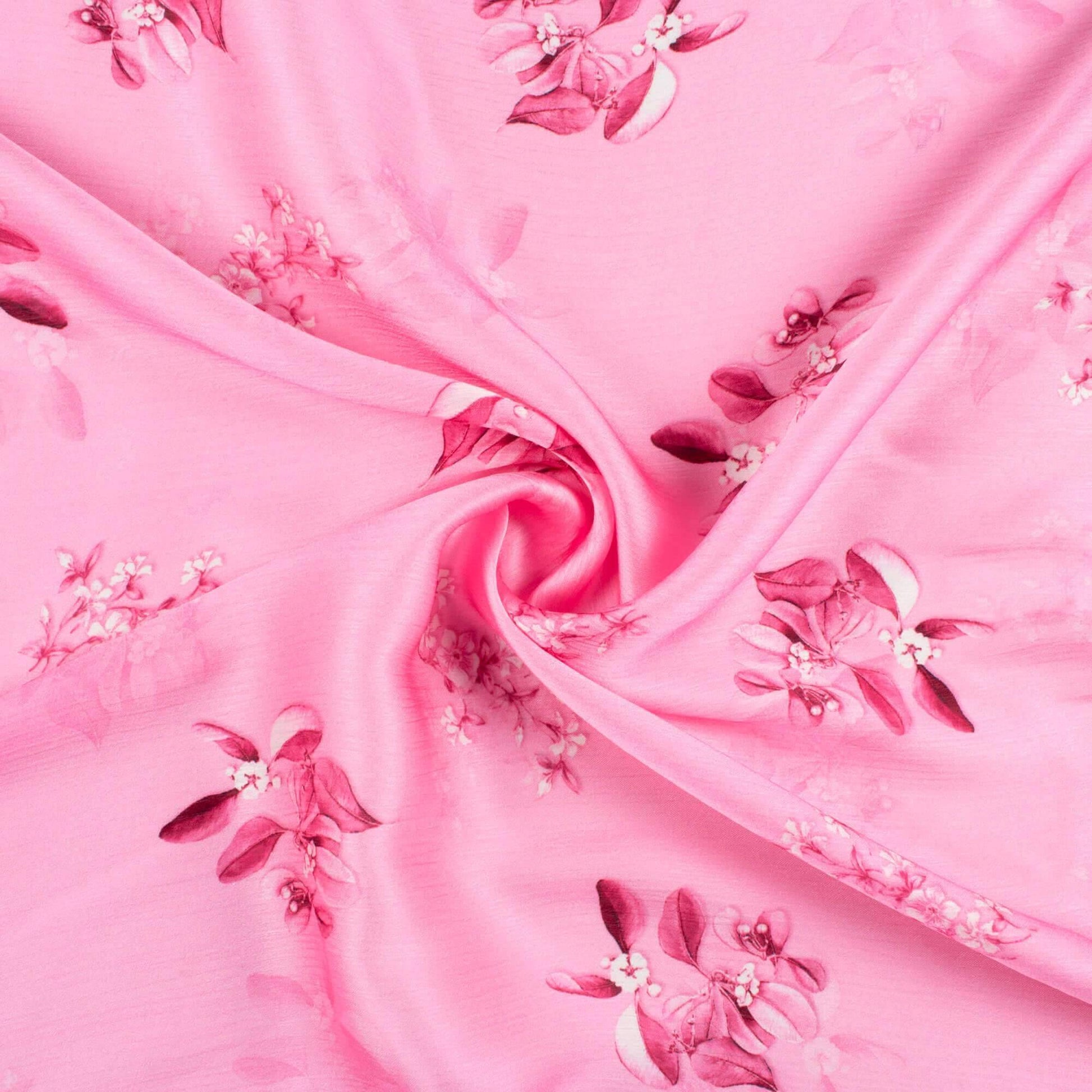 Salmon Pink Leaf Pattern Digital Print Chiffon Satin Fabric - Fabcurate