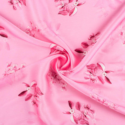 Salmon Pink Leaf Pattern Digital Print Chiffon Satin Fabric - Fabcurate