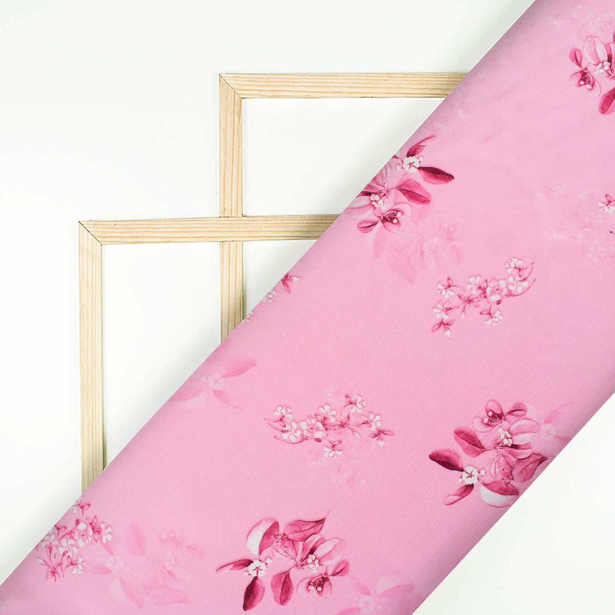 Salmon Pink Leaf Pattern Digital Print Chiffon Satin Fabric - Fabcurate