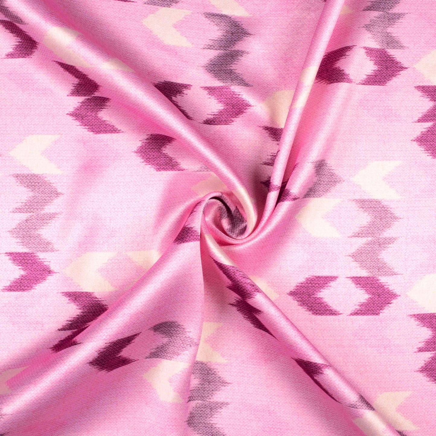 Salmon Pink And Dark Violet Ikat Pattern Digital Print Japan Satin Fabric - Fabcurate