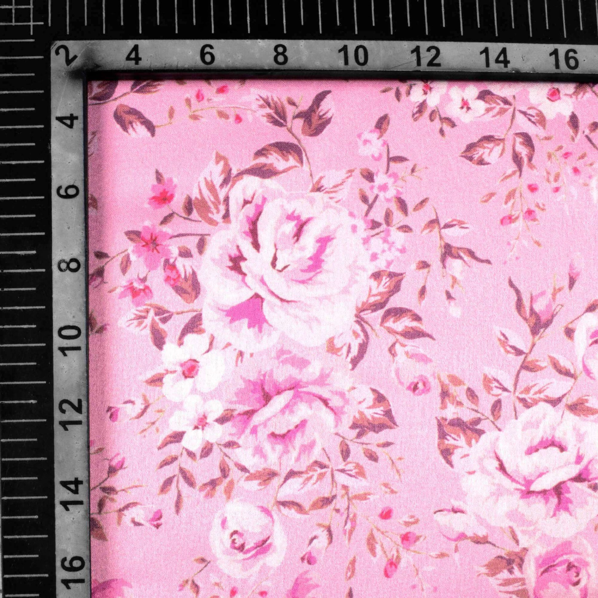 Salmon Pink Floral Pattern Digital Print Japan Satin Fabric - Fabcurate