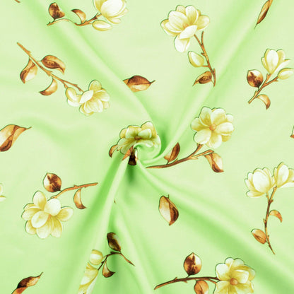Lime Green And Oyster Beige Floral Pattern Digital Print Ultra Premium Butter Crepe Fabric - Fabcurate