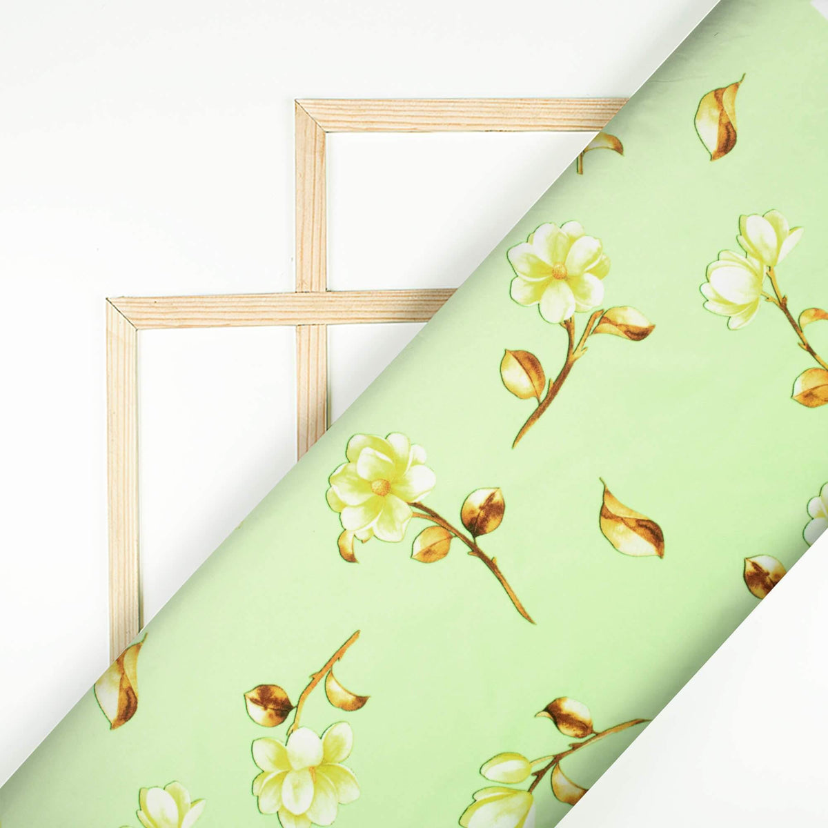 Lime Green And Oyster Beige Floral Pattern Digital Print Ultra Premium Butter Crepe Fabric - Fabcurate