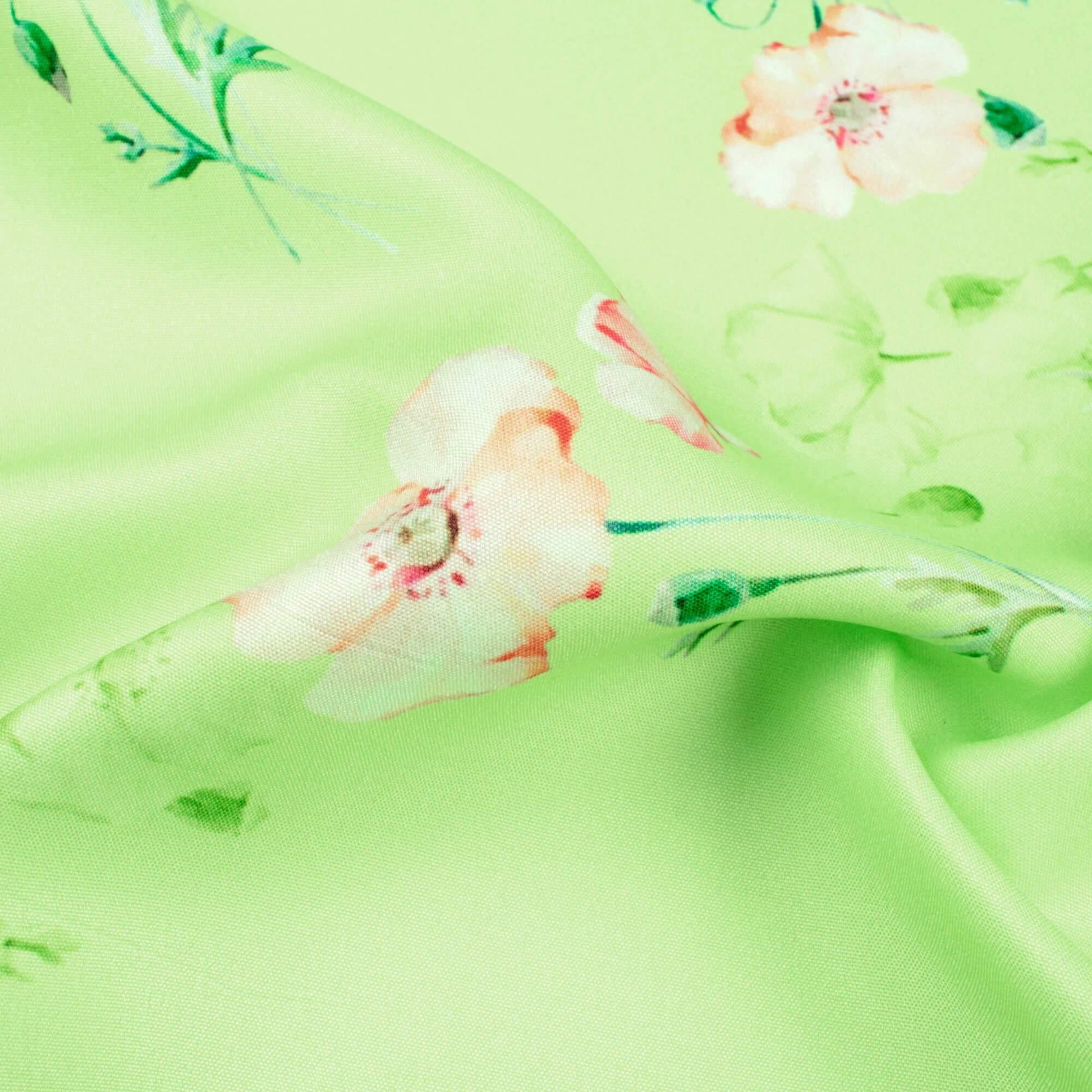 Lime Green And Taffy Pink Floral Pattern Digital Print Ultra Premium Butter Crepe Fabric - Fabcurate