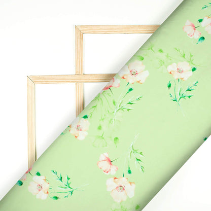 Lime Green And Taffy Pink Floral Pattern Digital Print Ultra Premium Butter Crepe Fabric - Fabcurate