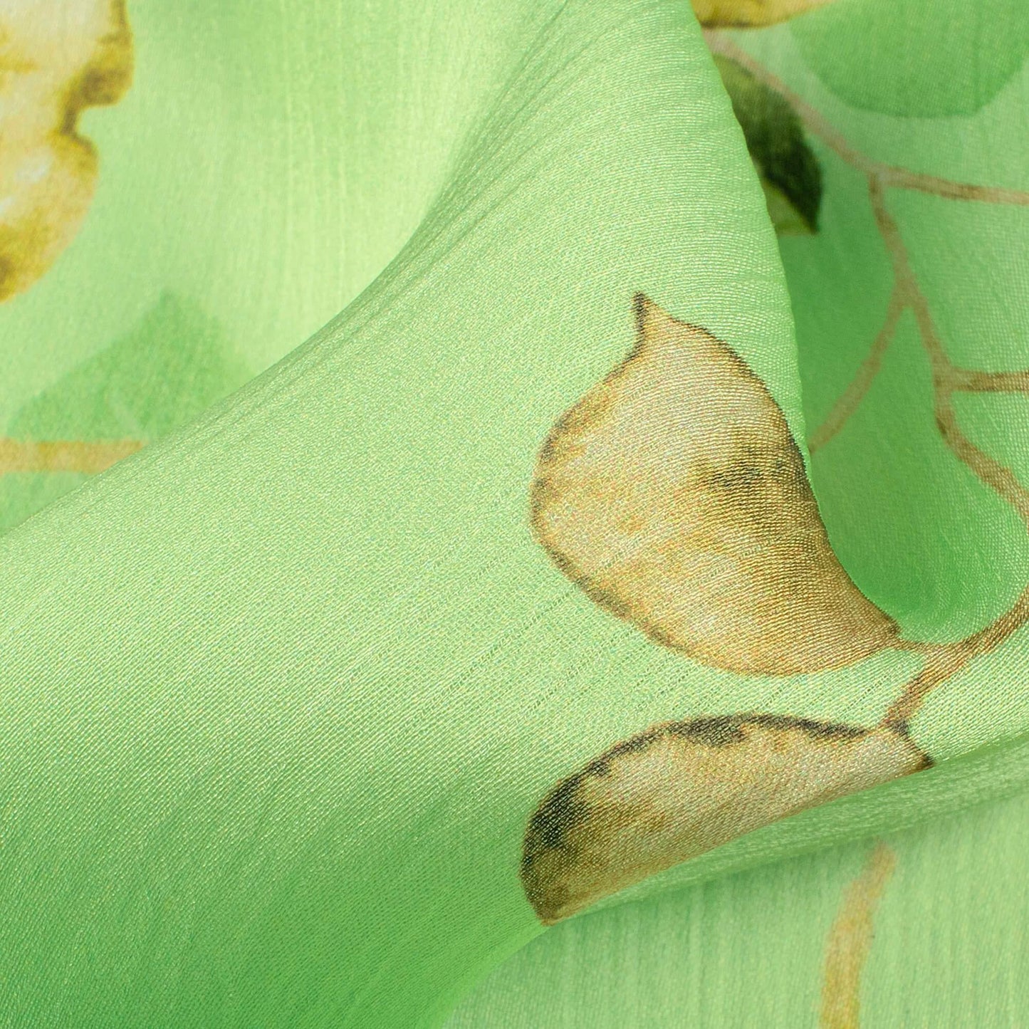 Lime Green And Beige Leaf Pattern Digital Print Chiffon Satin Fabric - Fabcurate