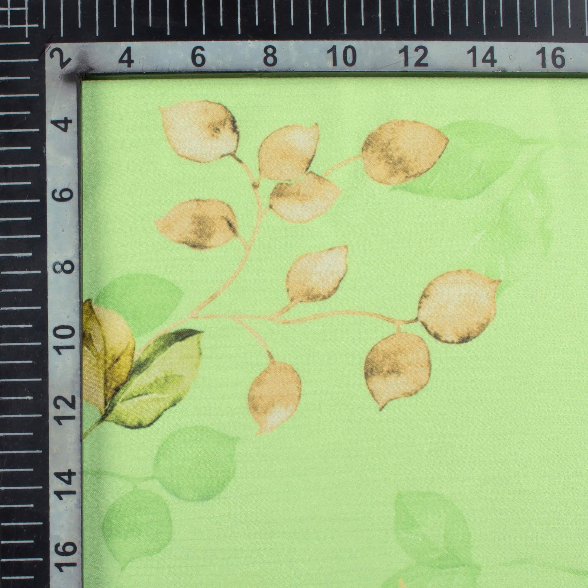 Lime Green And Beige Leaf Pattern Digital Print Chiffon Satin Fabric - Fabcurate