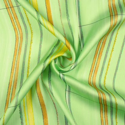 Lime Green And Golden Brown Stripes Pattern Digital Print Chiffon Satin Fabric - Fabcurate