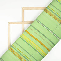 Lime Green And Golden Brown Stripes Pattern Digital Print Chiffon Satin Fabric - Fabcurate