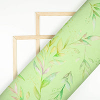 Lime Green Leaf Pattern Digital Print Japan Satin Fabric - Fabcurate