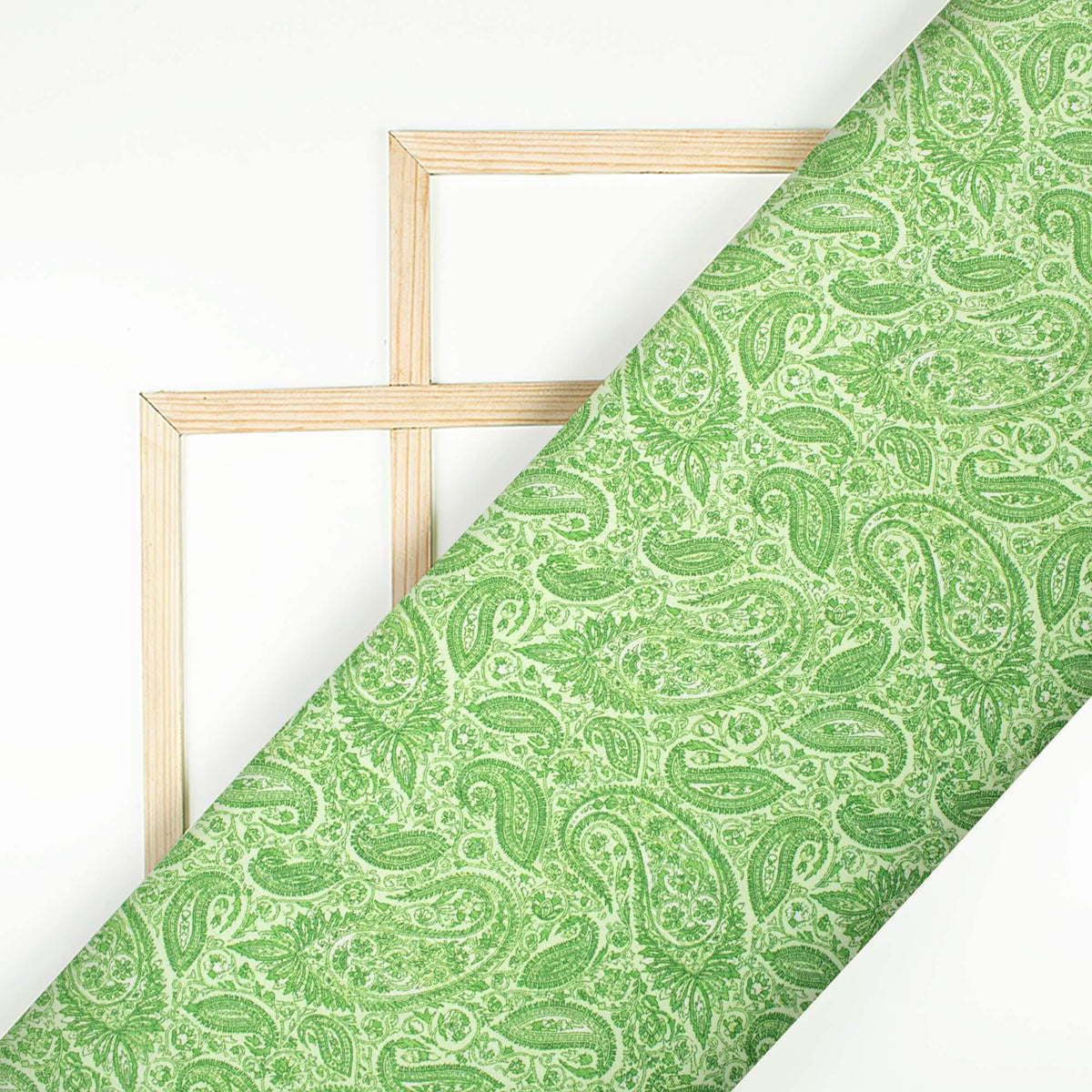 Lime Green Paisley Pattern Digital Print Japan Satin Fabric - Fabcurate