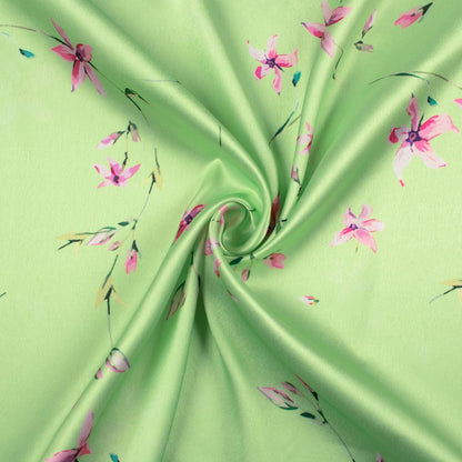 Lime Green And Creamy Pink Floral Pattern Digital Print Japan Satin Fabric - Fabcurate