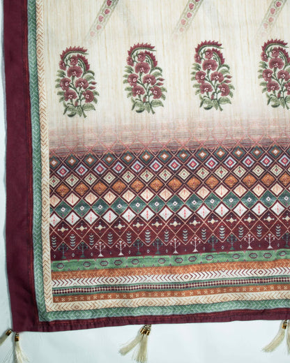 Maroon And Oat Beige Floral Pattren Digital Print Chanderi Dupatta With Tassels - Fabcurate