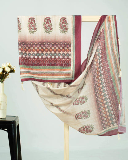 Maroon And Oat Beige Floral Pattren Digital Print Chanderi Dupatta With Tassels - Fabcurate