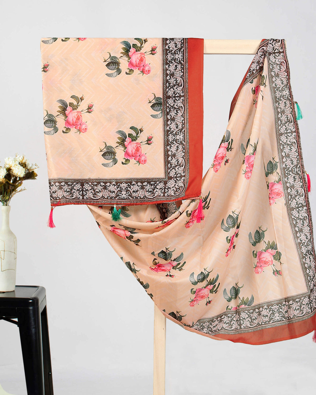 Burnt Orange And Pink Floral Pattren Digital Print Chanderi Dupatta With Tassels