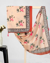 Burnt Orange And Pink Floral Pattren Digital Print Chanderi Dupatta With Tassels